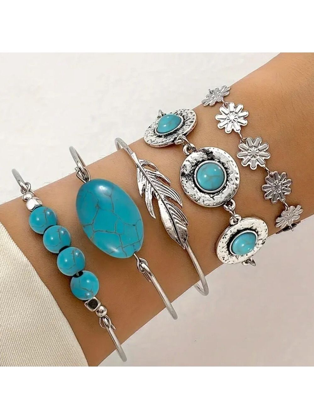 Turquoise and Silver Bohemian Bracelet Set
